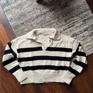Velvet by Graham & Spencer Cream and Black Striped V-Neck Sweater